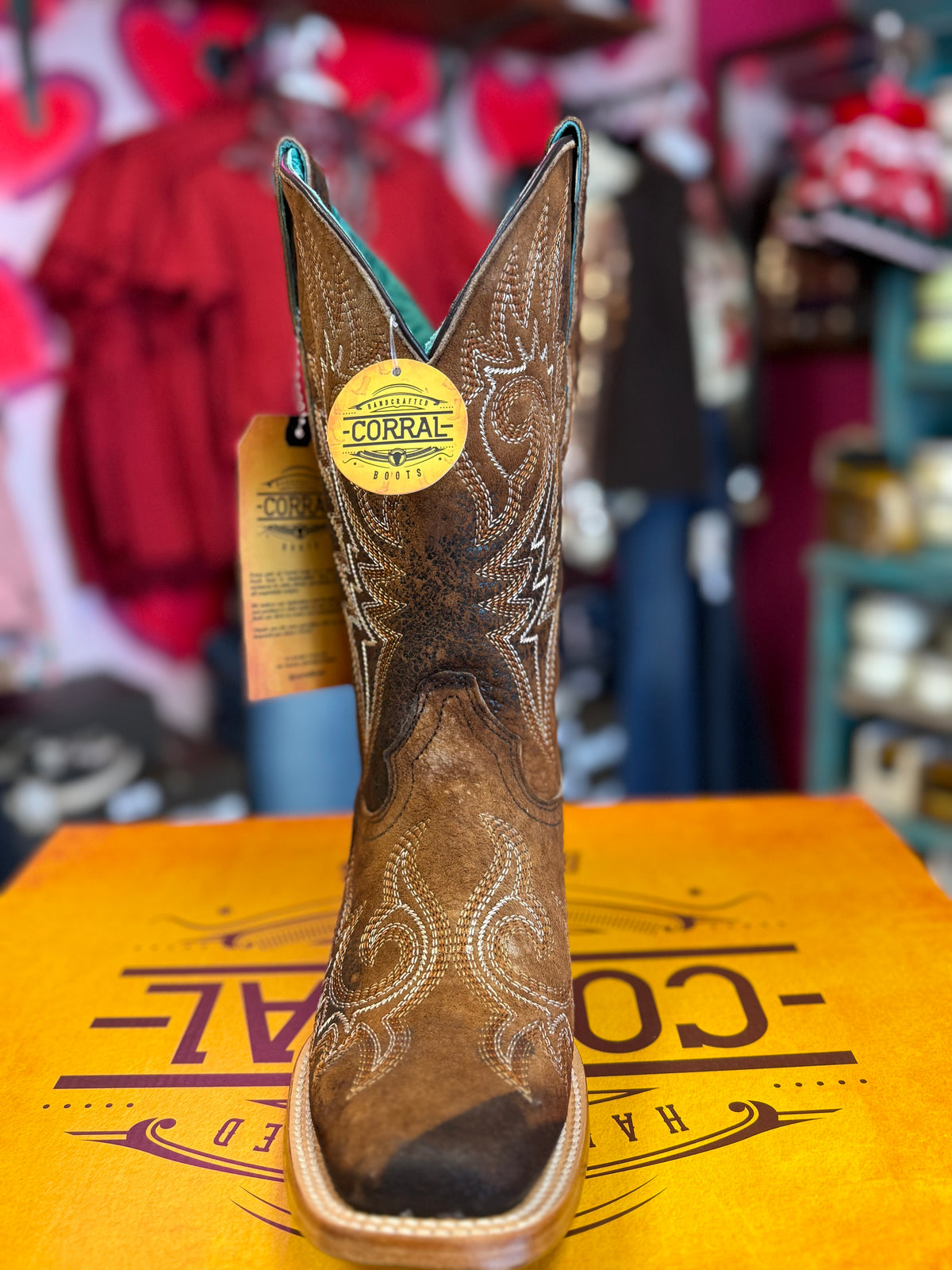 CORRAL WOMEN'S BROWN FLAMES EMBROIDERY SQUARE TOE WESTERN BOOT - Z5442