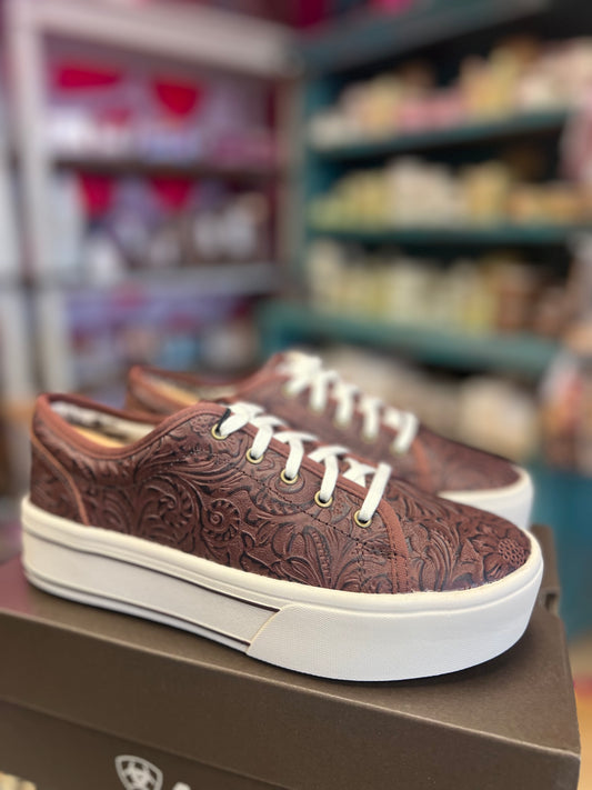 ARIAT WOMEN'S SKYLAR PLATFORM LACE SHOES - BROWN FLORAL EMBOSS