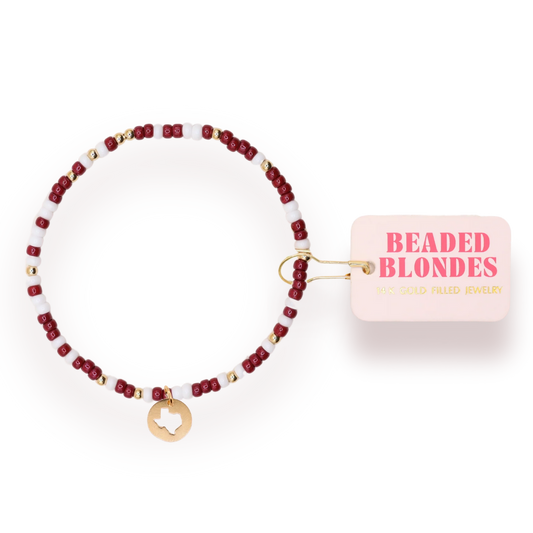 Beaded Blondes Texas (Maroon and White) State Cutout Charm 6.75" Bracelet On Color