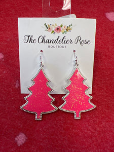 PINK GLITTERED SILVERBACK CHRISTMAS TREE HOOK EARRINGS