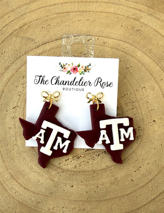 Maroon A&M Earrings with Gold Bow