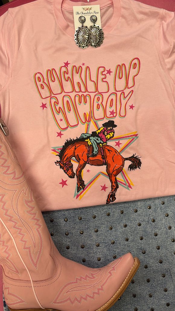 BUCKLE UP COWBOY TEE - PINK