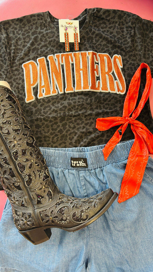 PANTHERS BLACK LEOPARD TEE - SILVER AND ORANGE GLITTER PUFF