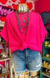 TEXTURED LINE SHORT CUFF SLEEVE RAW EDGE TOP - FUCHSIA