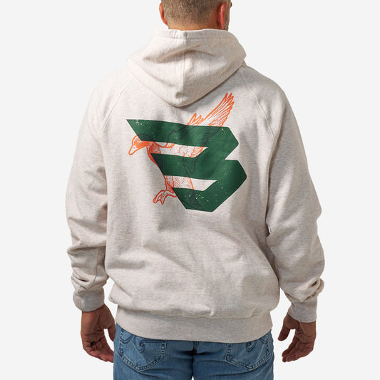 BURLEBO FLEECE HOODIE - DUCK FLYING B (GREEN) LOGO - HEATHER OATMEAL