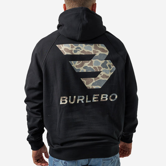 BURLEBO FLEECE HOODIE - FLYING B (DEER CAMO) LOGO - BLACK