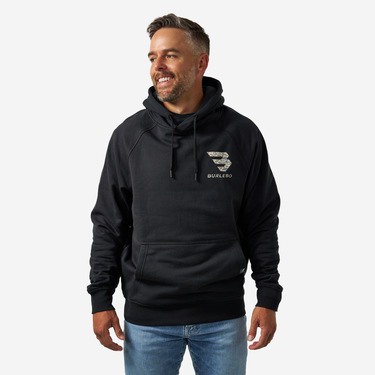 BURLEBO FLEECE HOODIE - FLYING B (DEER CAMO) LOGO - BLACK