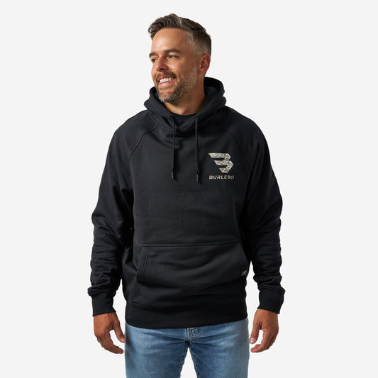 BURLEBO FLEECE HOODIE - FLYING B (DEER CAMO) LOGO - BLACK