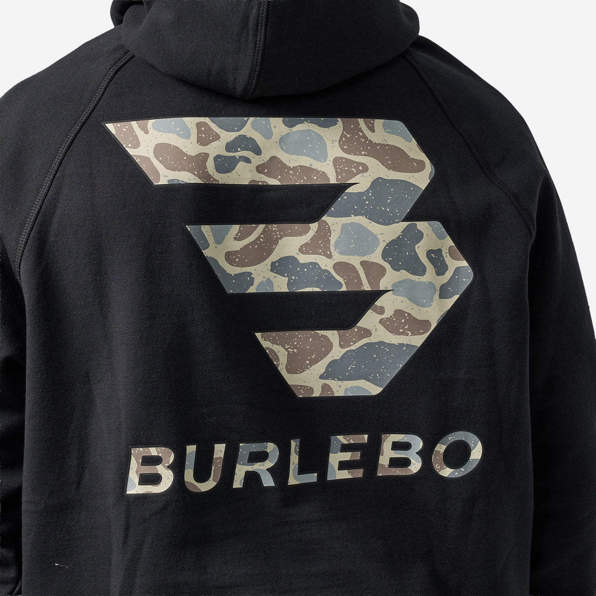BURLEBO FLEECE HOODIE - FLYING B (DEER CAMO) LOGO - BLACK