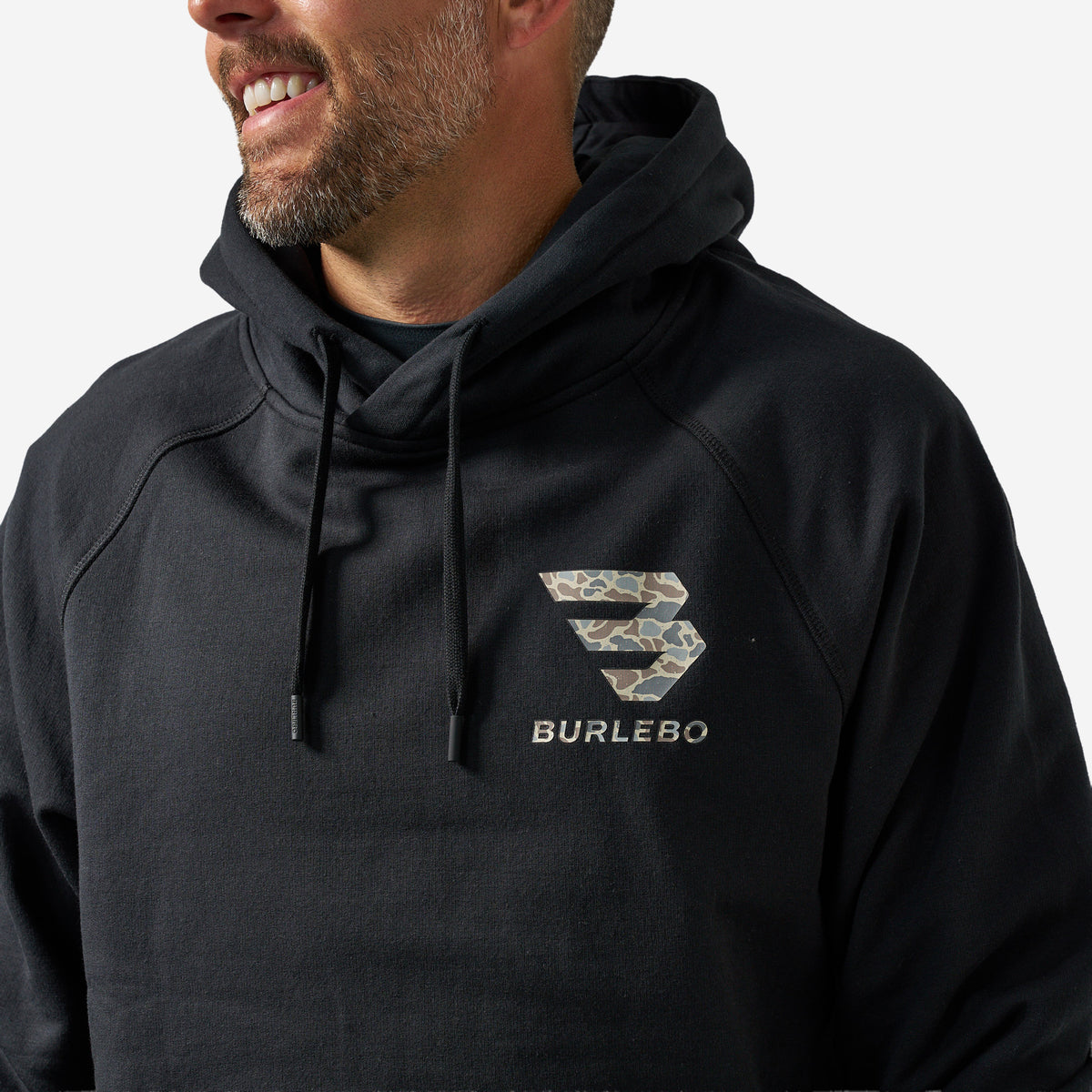 BURLEBO FLEECE HOODIE - FLYING B (DEER CAMO) LOGO - BLACK