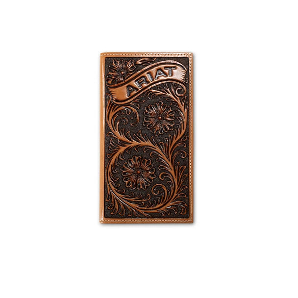 ARIAT MENS RODEO STYLE WALLET FLORAL ARIAT BANNER TAN