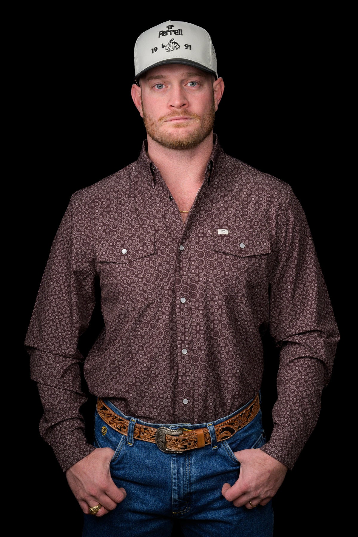FERRELL MEN'S THE SILAS IN BROWN LONG SLEEVE SNAP SHIRT