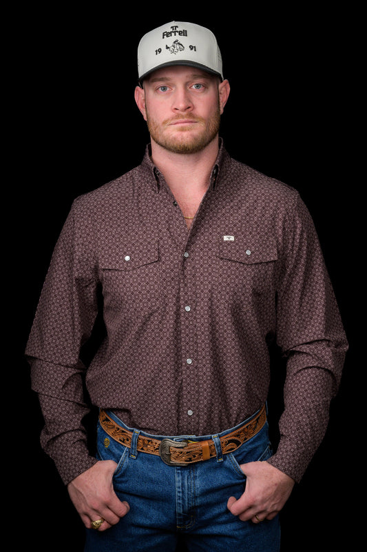 FERRELL MEN'S THE SILAS IN BROWN LONG SLEEVE SNAP SHIRT