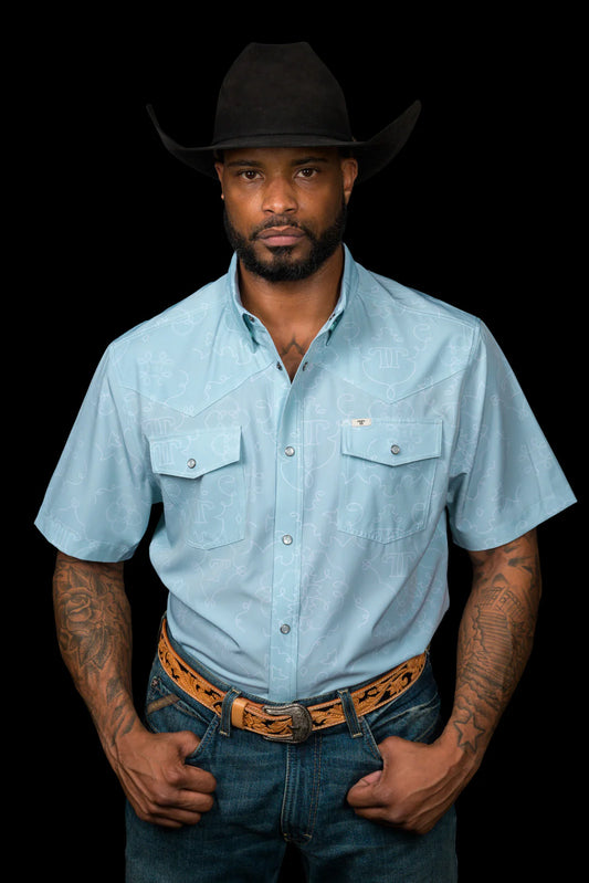 FERRELL MEN'S THE CARSON IN GREY GREEN - SHORT SLEEVE PEARL SNAP SHIRT