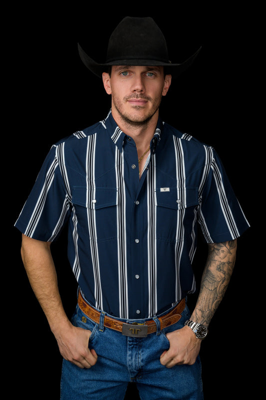 FERRELL MEN'S THE HATFIELD SHORT SLEEVE PEARL SNAP SHIRT IN BLUE