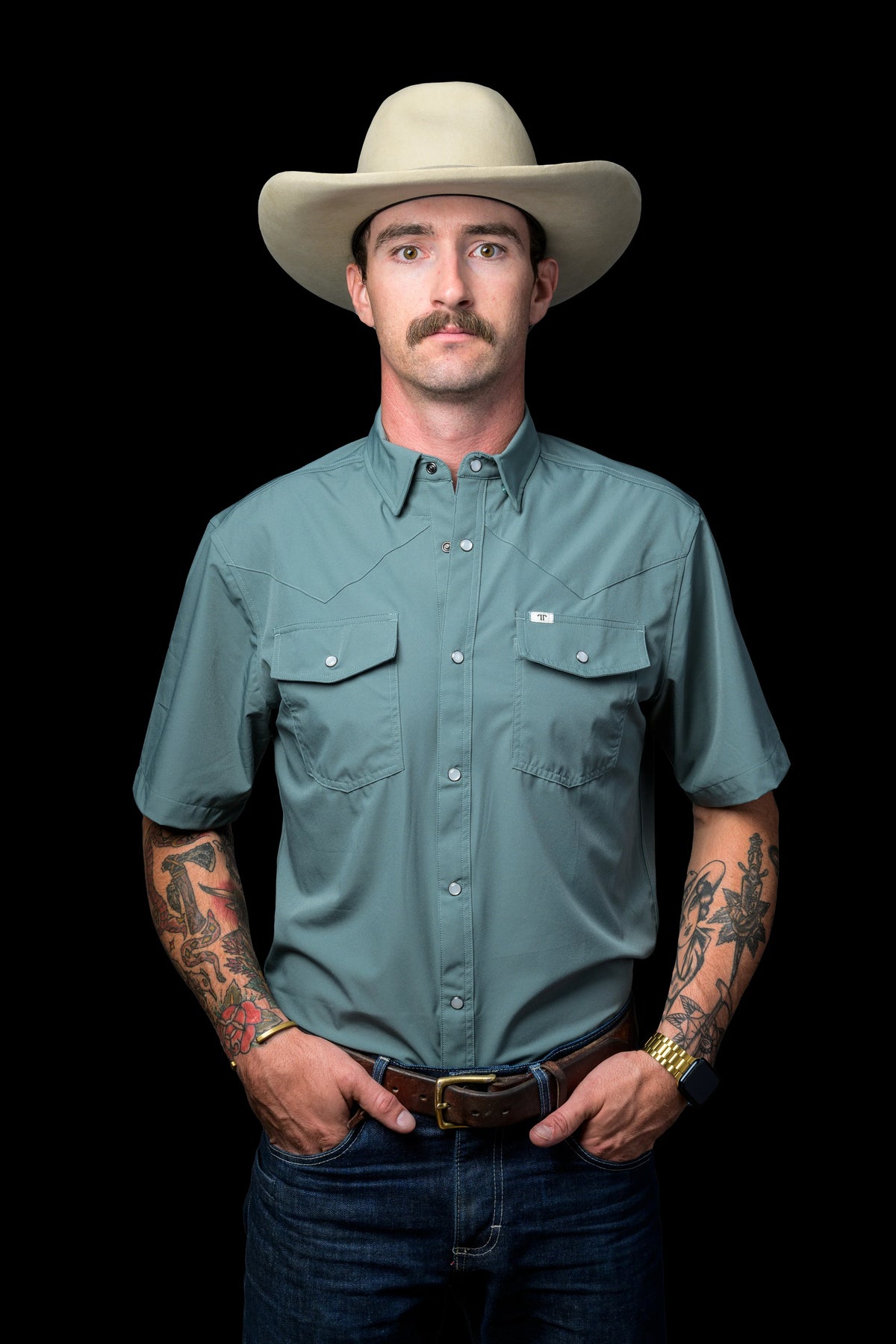 FERRELL MEN'S AQUA SHORT SLEEVE SNAP SHIRT