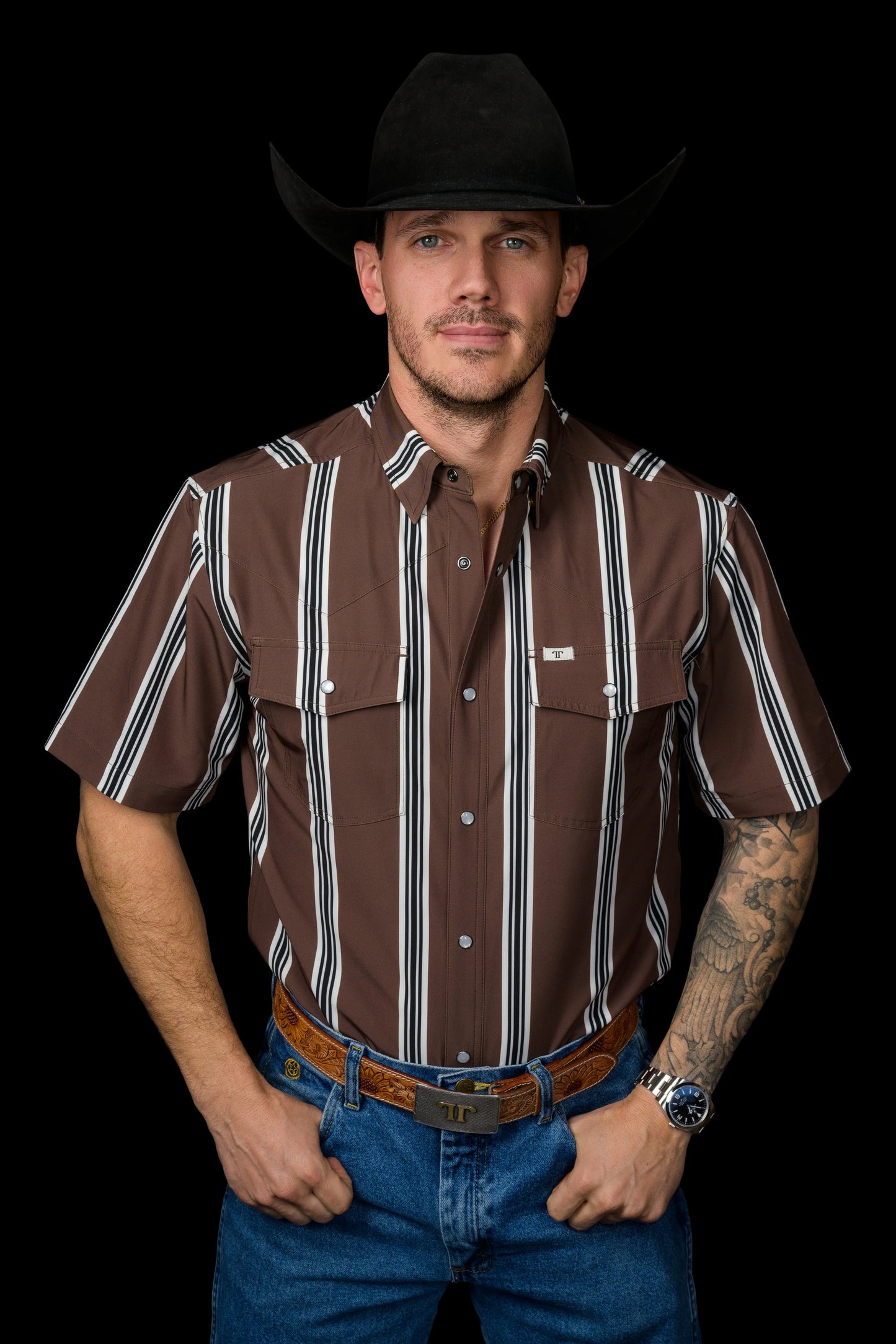 FERRELL MEN'S THE HATFIELD SHORT SLEEVE PEARL SNAP SHIRT IN BROWN