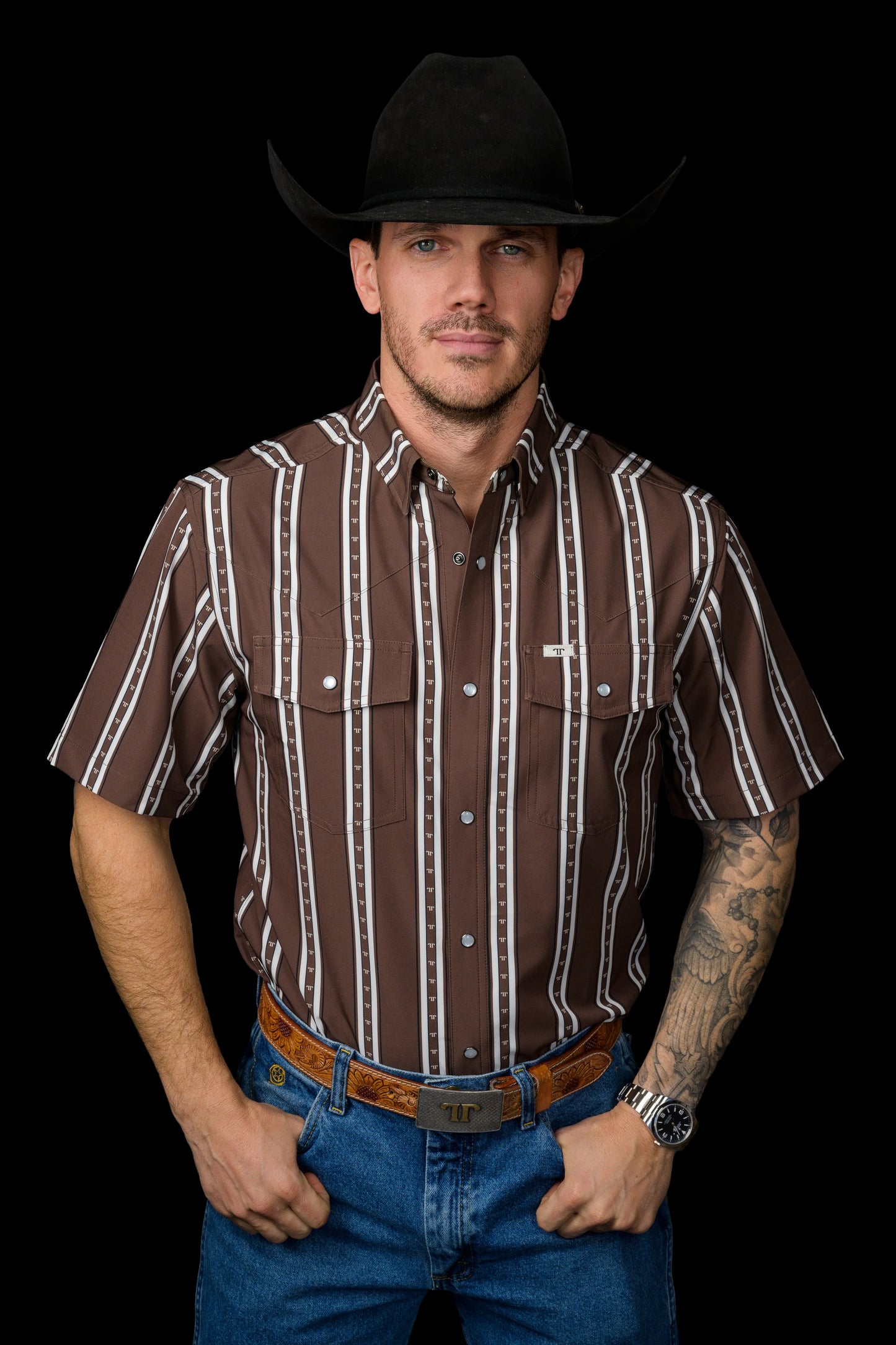 FERRELL MEN'S THE TUCKER SHORT SLEEVE PEARL SNAP SHIRT IN BROWN