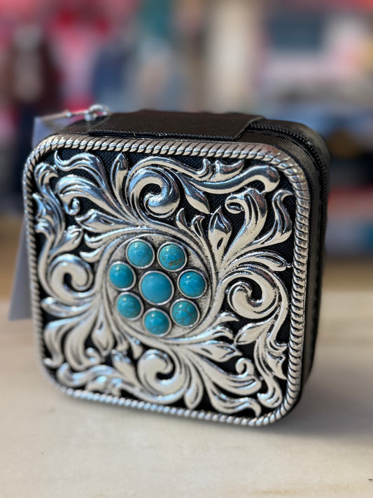 Western Turquoise Center Stone Metal Jewelry Travel Case