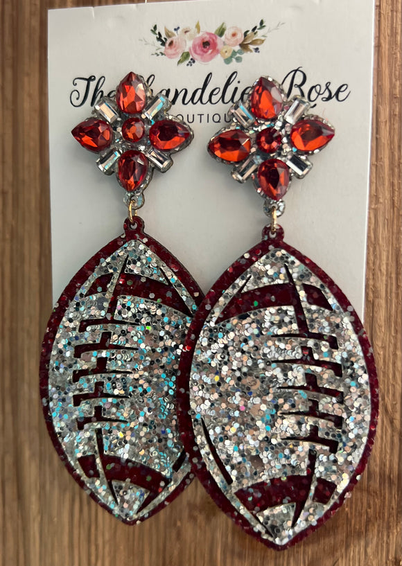FLORAL STUD AND FOOTBALL SILVER AND MAROON EARRINGS