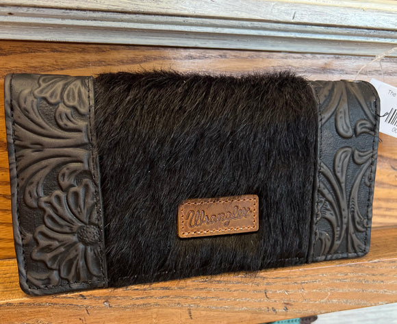 Wrangler Hair-On Cowhide Vintage Floral Tooled Wallet - Black