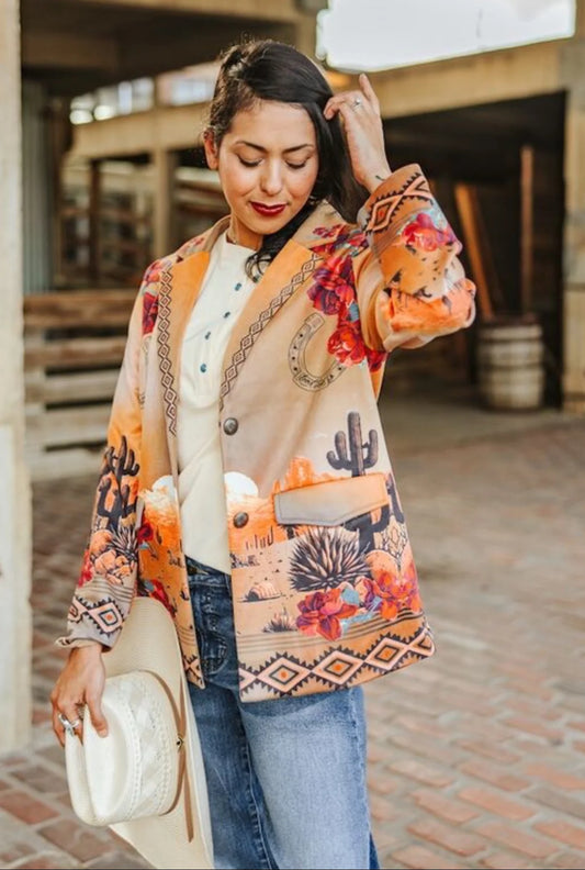 FLORAL WESTERN DESERT SUNSET PRINTED SUEDE BLAZER