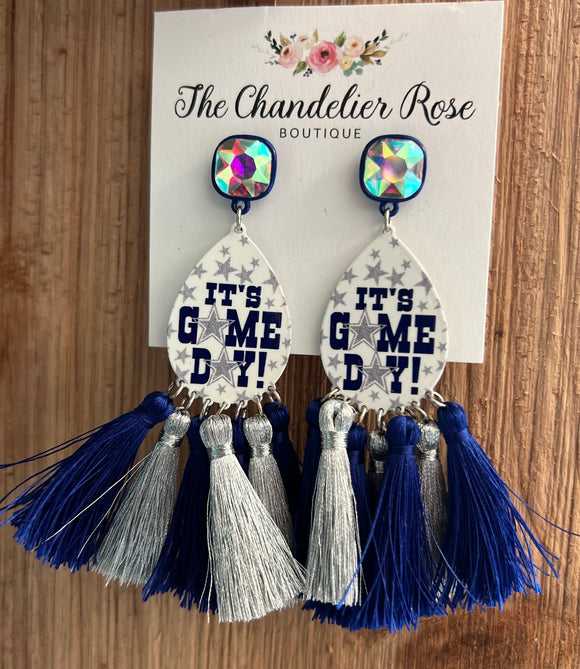 IT'S GAME DAY AB STONE AND FRINGE STUD EARRINGS - NAVY AND SILVER