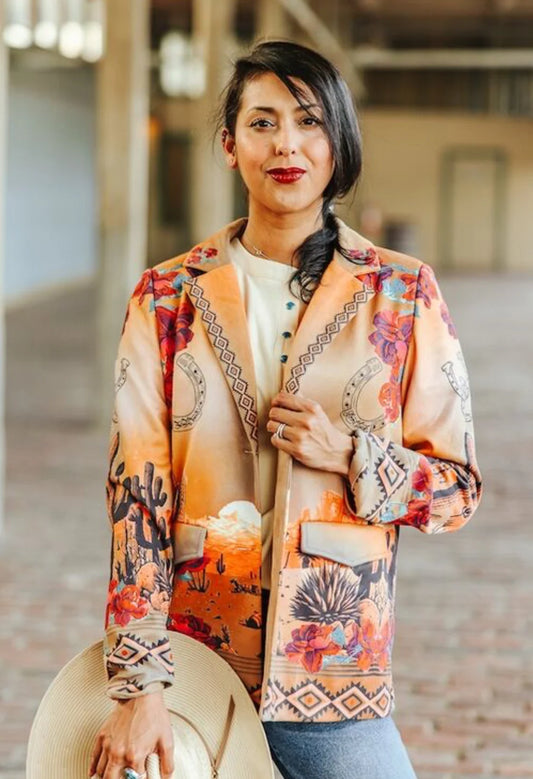 FLORAL WESTERN DESERT SUNSET PRINTED SUEDE BLAZER