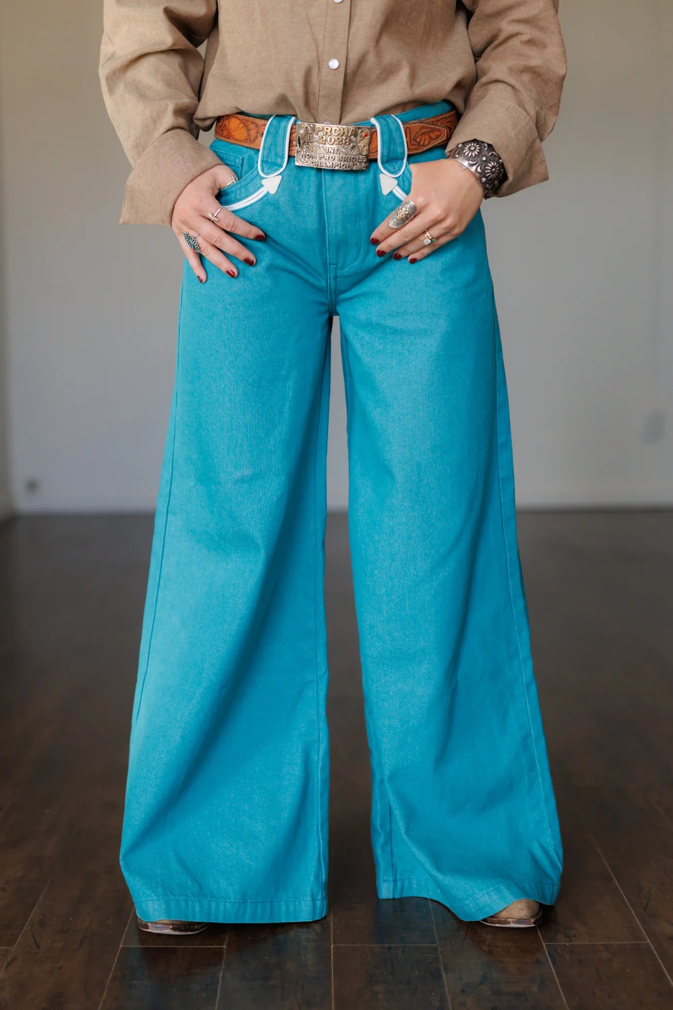 TURQUOISE SMILEY WIDE LEG DENIM JEANS