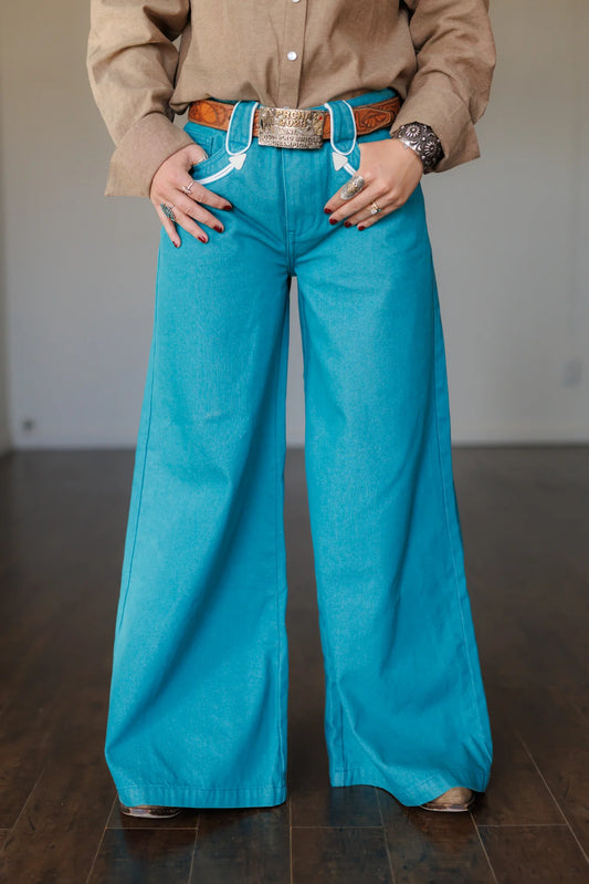 TURQUOISE SMILEY WIDE LEG DENIM JEANS