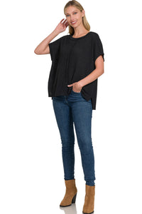 DOLMAN SHORT SLEEVE JACQUARD SWEATER - BLACK