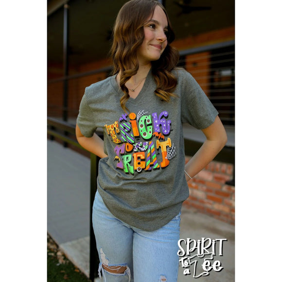TRICK OR TREAT PATTERNED V NECK TEE - HEATHER GREY
