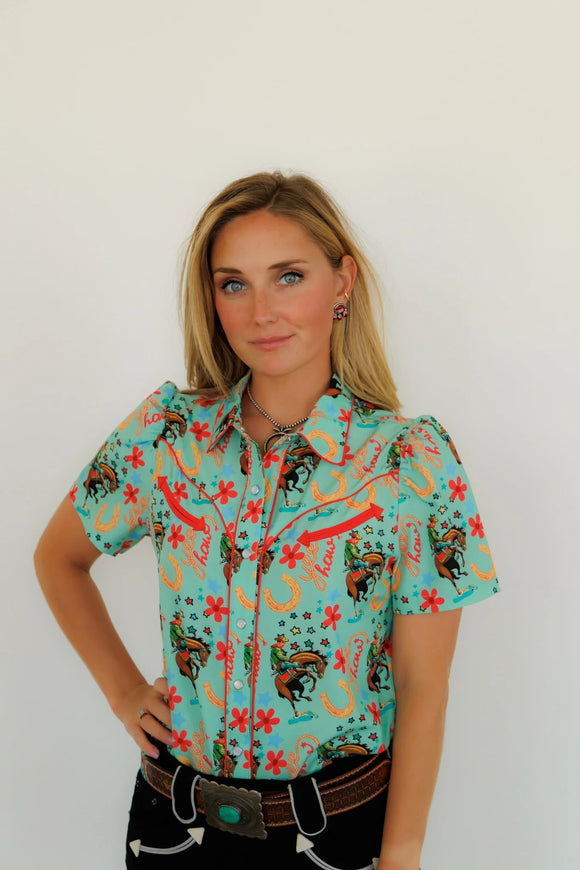 WESTERN TURQUOISE YEEHAW PEARL SNAP SHORT SLEEVE TOP