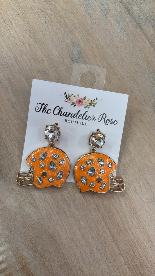 FOOTBALL HELMET CLEAR STONE STUD EARRINGS - Orange