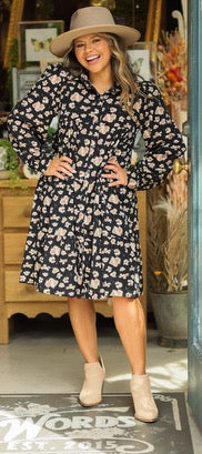 FLORAL TIERED BLACK DRESS