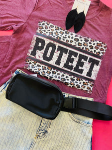 TWO TONE LEOPARD PRINT POTEET GLITTER TEE - CHARCOAL MAROON