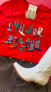 COWBOY BOOTS AND CACTUSES WESTERN TEE - RED