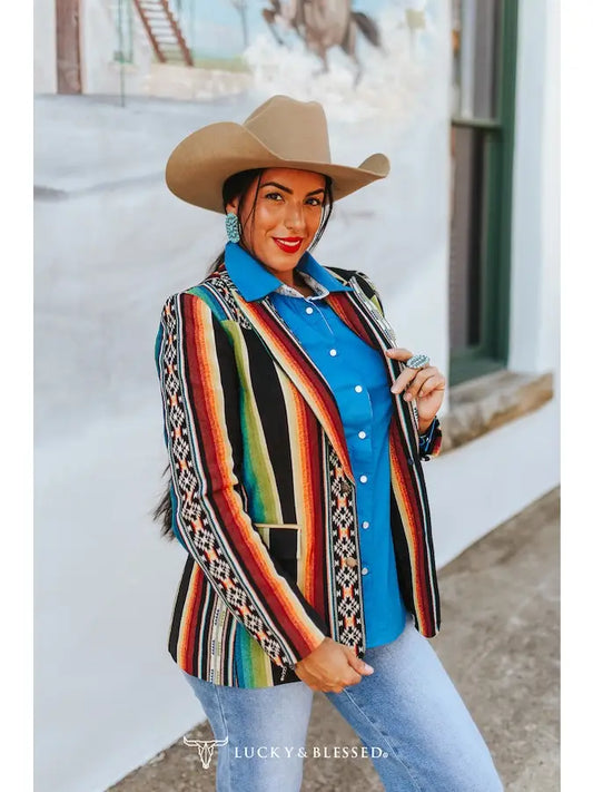 JACQUARD WOVEN SERAPE MULTI CONCHO BUTTON DOWN BLAZER
