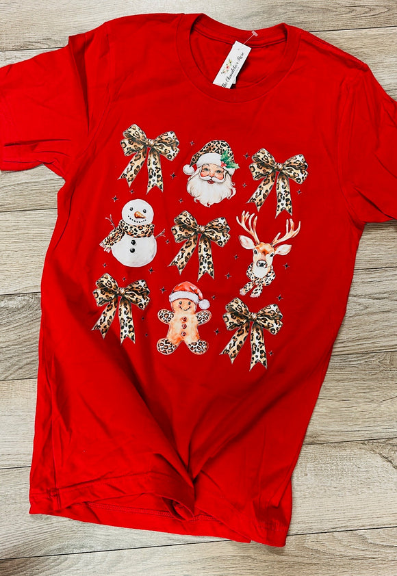 LEOPARD BOW SANTA TEE - RED