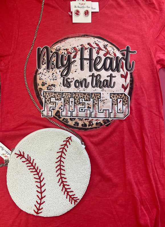 MY HEART IS ON THAT FIELD BASEBALL TEE  - RED