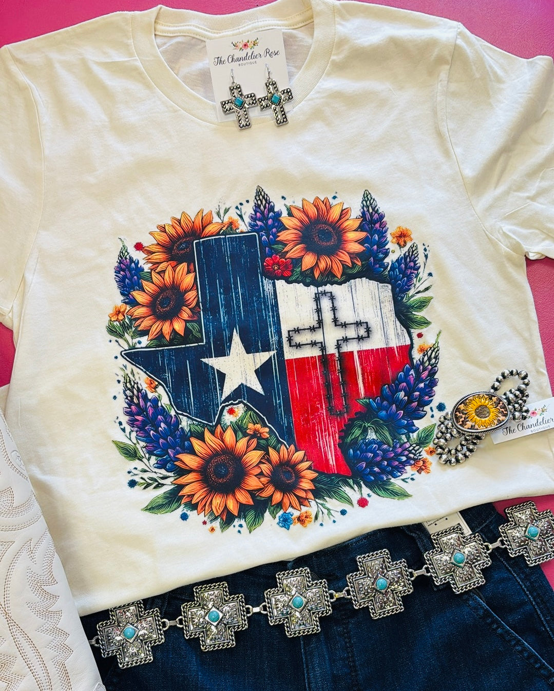 TEXAS, SUNFLOWER, BLUEBONNETT AND CROSS TEE - CREAM