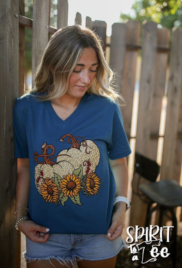ANIMAL PRINT PUFF PUMPKINS WITH SUNFLOWERS V NECK TEE - DEEP HEATHER TEAL