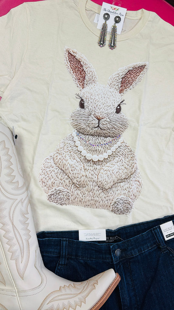 RHINESTONE PEARL RABBIT TEE - CREAM