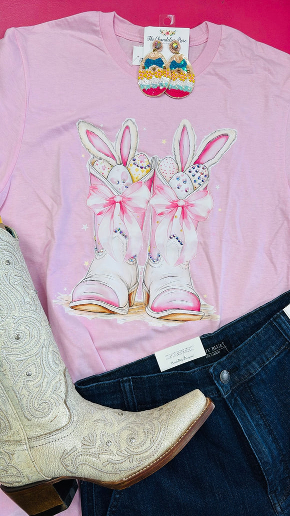 RHINESTONE BOOTS AND EASTER EGGS TEE - LIGHT PINK