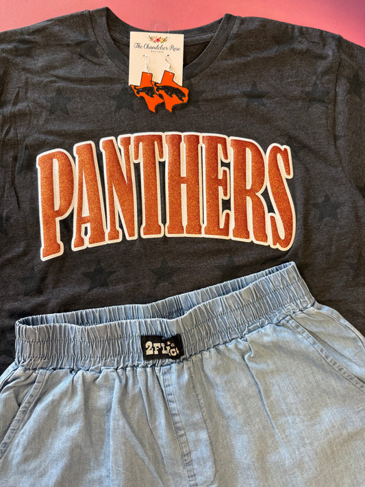 ARCHED PANTHERS SMOKE STARS GAME DAY CHARCOAL BLACK TEE - ORANGE/WHITE GLITTER PUFF