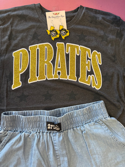 ARCHED PIRATES SMOKE STARS GAME DAY CHARCOAL BLACK TEE - YELLOWGOLD/WHITE GLITTER PUFF