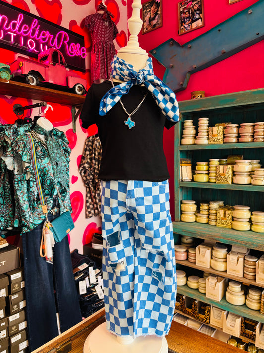 BLUE CHECKERED DENIM YOUTH JEANS