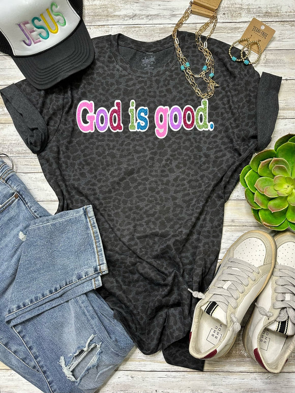GOD IS GOOD GLITTER TEE - BLACK LEOPARD