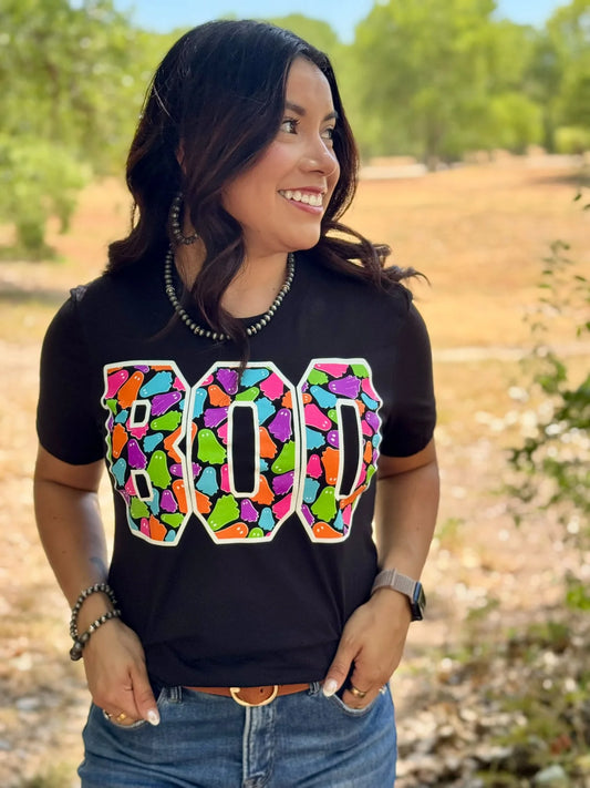BOO WITH COLORFUL GHOSTS TEE - BLACK