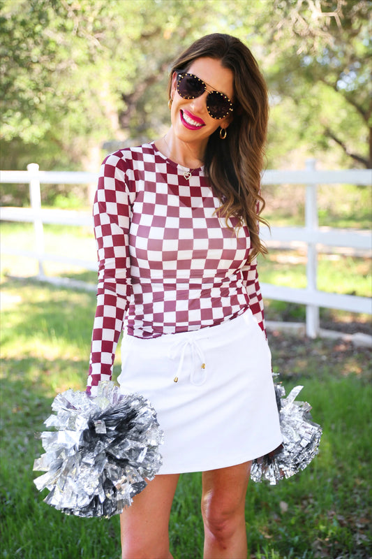 ALYSSA MESH TOP - MAROON CHECKERED